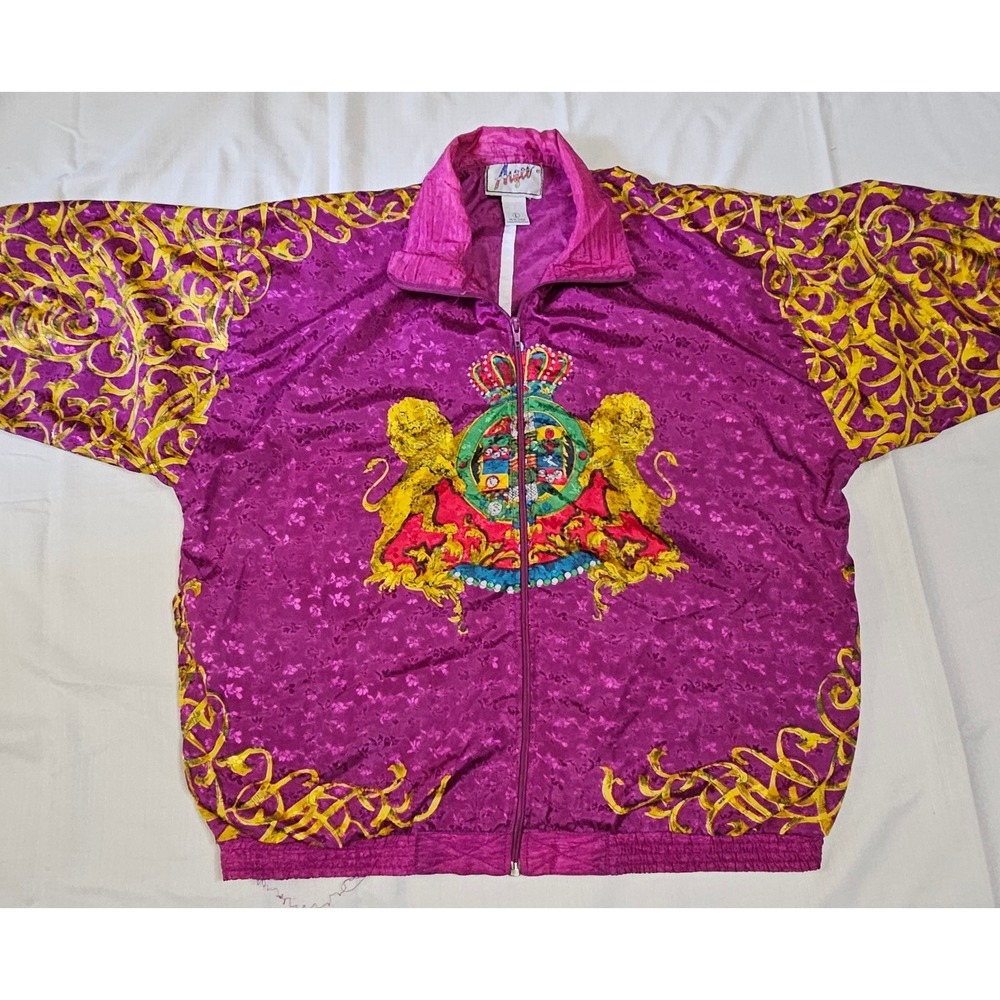 Vtg Argee Luxury Lion Crest Windbreaker Short Sleeve Zip Up Jacket Womens Lg 90s